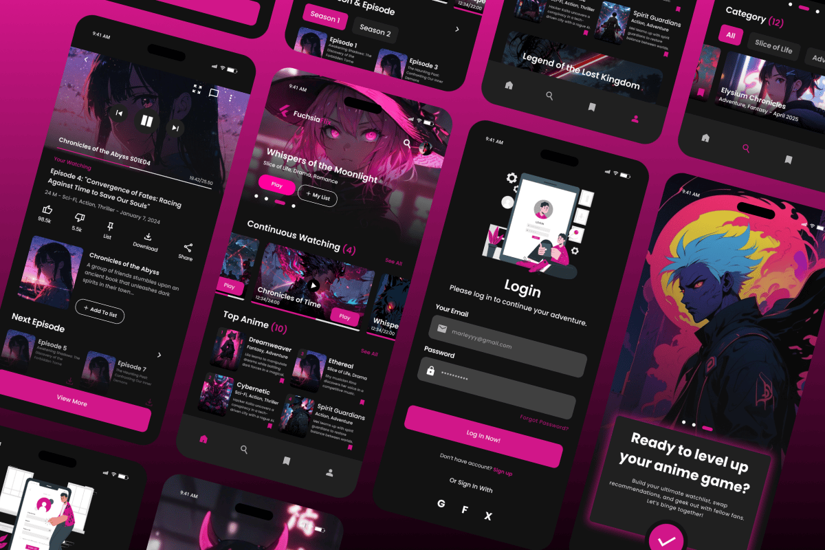 动漫流媒体App界面设计模板 FuchsiaFlix – Anime Streaming Mobile App插图4 动漫流媒体App界面设计模板 FuchsiaFlix - Anime Streaming Mobile App