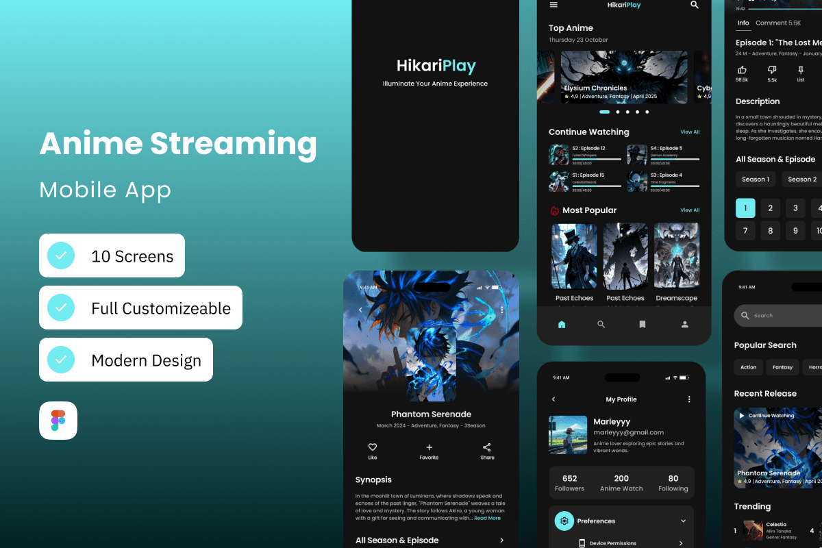 动漫流媒体App界面设计模板 HikariPlay – Anime Streaming Mobile App插图 动漫流媒体App界面设计模板 HikariPlay - Anime Streaming Mobile App