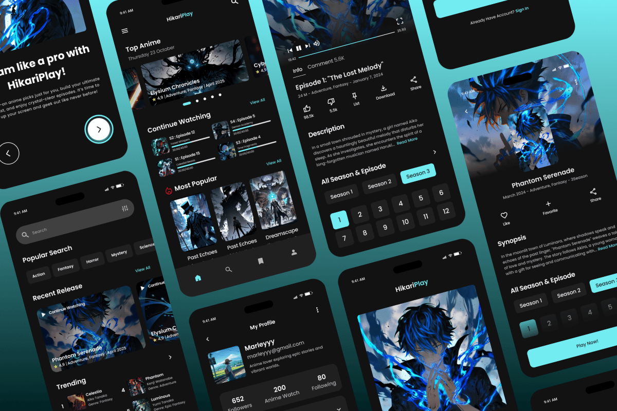 动漫流媒体App界面设计模板 HikariPlay – Anime Streaming Mobile App插图4 动漫流媒体App界面设计模板 HikariPlay - Anime Streaming Mobile App