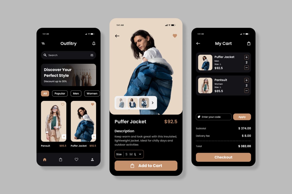 时尚购物App界面设计模板 Outfitry – Fashion Mobile App插图1 时尚购物App界面设计模板 Outfitry - Fashion Mobile App