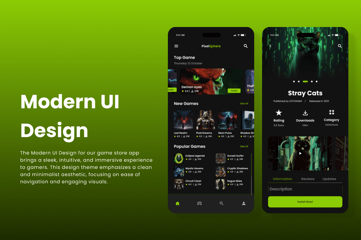 游戏商店App界面设计模板 PixelSphere – Game Store Mobile App插图1 游戏商店App界面设计模板 PixelSphere - Game Store Mobile App