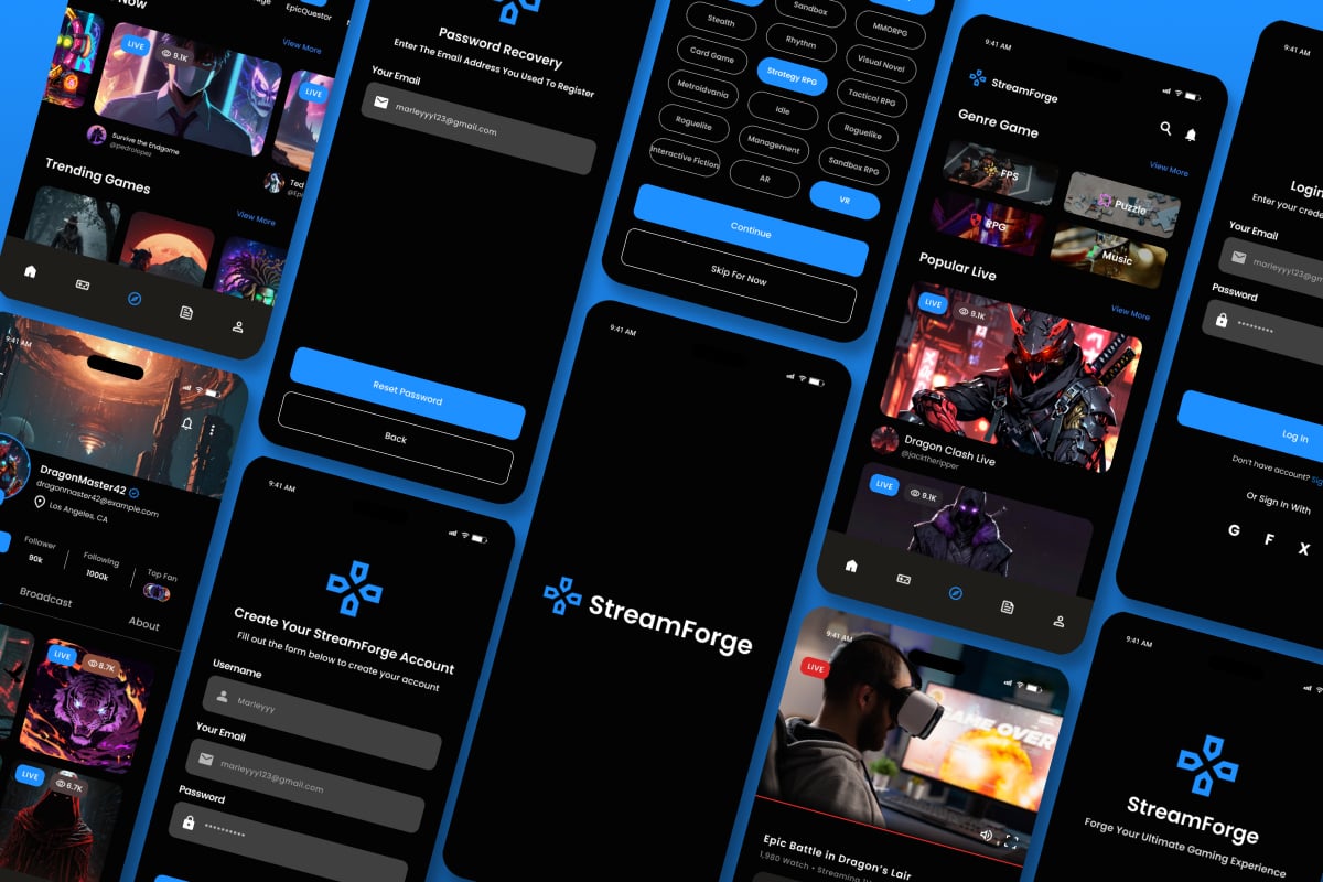 游戏直播App界面UX设计模板 StreamForge – Game Streaming Mobile App插图4 游戏直播App界面UX设计模板 StreamForge - Game Streaming Mobile App