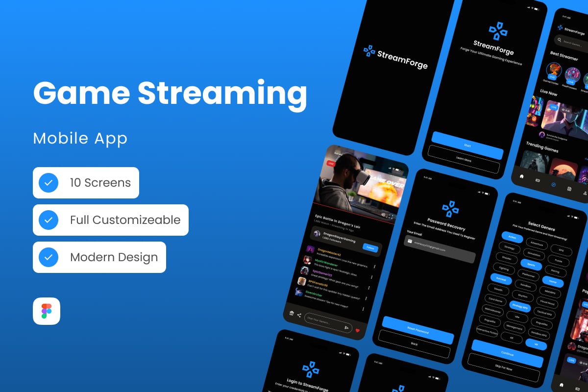 游戏直播App界面UX设计模板 StreamForge – Game Streaming Mobile App插图 游戏直播App界面UX设计模板 StreamForge - Game Streaming Mobile App