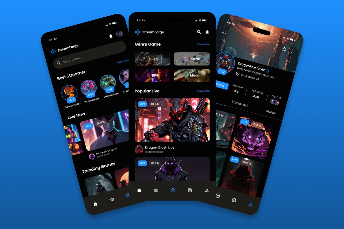 游戏直播App界面UX设计模板 StreamForge – Game Streaming Mobile App插图2 游戏直播App界面UX设计模板 StreamForge - Game Streaming Mobile App