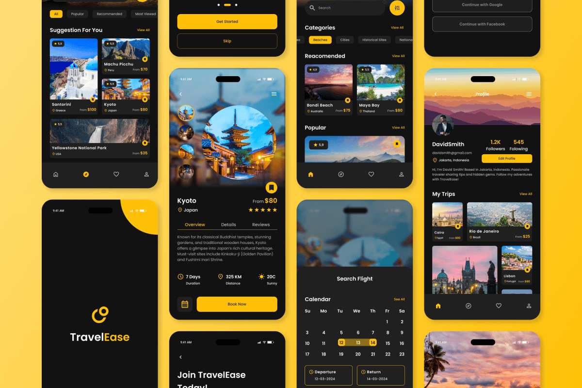 旅行预订App界面UX设计模板 TravelEase – Travel & Booking Mobile App插图3 旅行预订App界面UX设计模板 TravelEase - Travel & Booking Mobile App