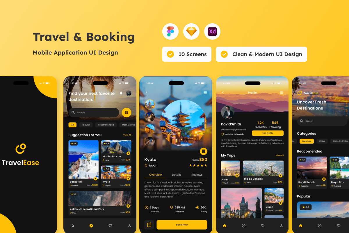 旅行预订App界面UX设计模板 TravelEase – Travel & Booking Mobile App插图 旅行预订App界面UX设计模板 TravelEase - Travel & Booking Mobile App