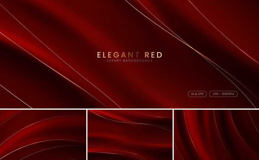 4款优雅红色抽象背景配金色线条 Elegant Red Abstract Background with Gold Lines