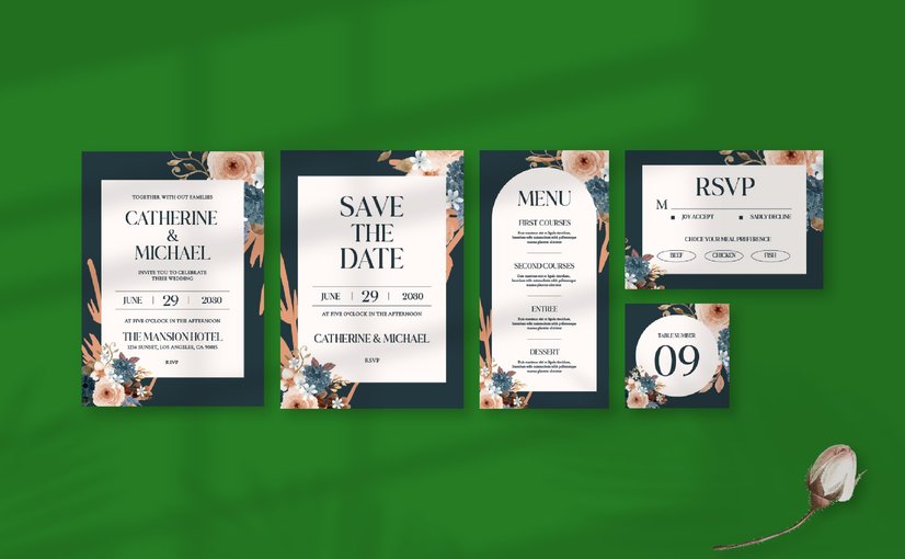 花卉优雅婚礼请柬套装 Floral Elegant Wedding Invitation Set 02_ Print Templates
