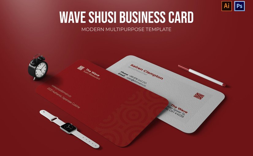 寿司餐厅名片设计模板 Wave Sushi Resto – Business Card_ Print Templates