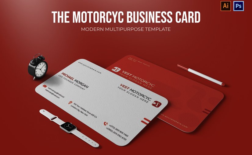 摩托车维修店名片设计模板 Vest Motorcyc – Business Card_ Print Templates ft.