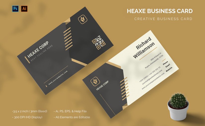 企业品牌简约名片模板 Heaxe Corp – Business Card_ Print Templates ft