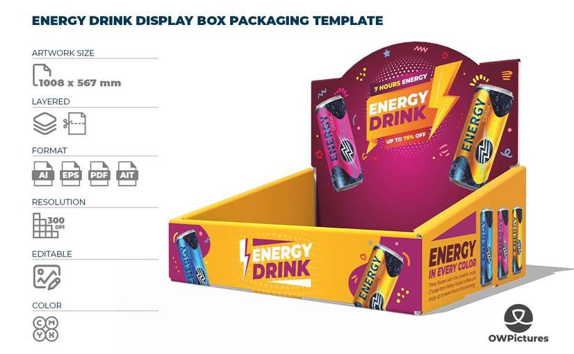 能量饮料展示盒包装样机 Energy Drink Display Box Mockup