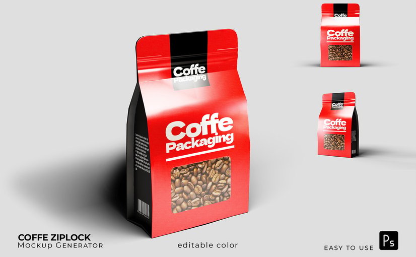 自立咖啡包装袋样机 Ziplock Coffee Packaging Mockup