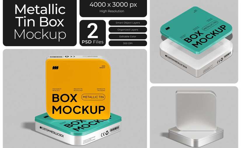 金属质感铁盒样机 Metallic Tin Box Mockup