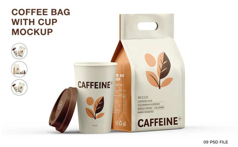 咖啡袋与咖啡杯搭配场景样机 Coffee Bag With Cup Mockup