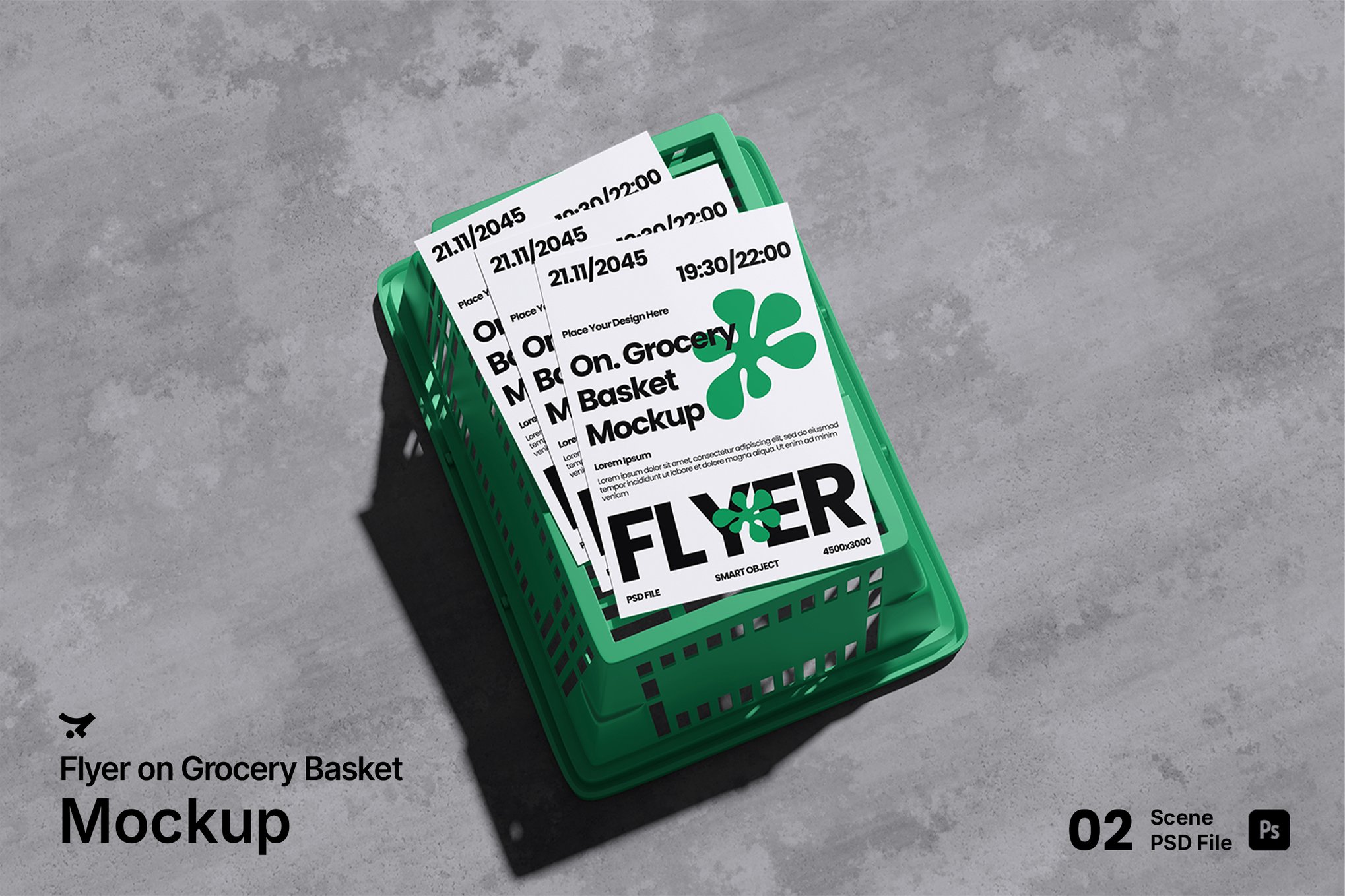 超市购物篮宣传单样机 Flyer on Grocery Basket Mockup插图 超市购物篮宣传单样机 Flyer on Grocery Basket Mockup