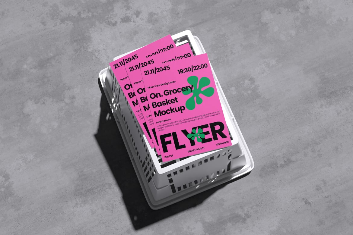 超市购物篮宣传单样机 Flyer on Grocery Basket Mockup插图1 超市购物篮宣传单样机 Flyer on Grocery Basket Mockup
