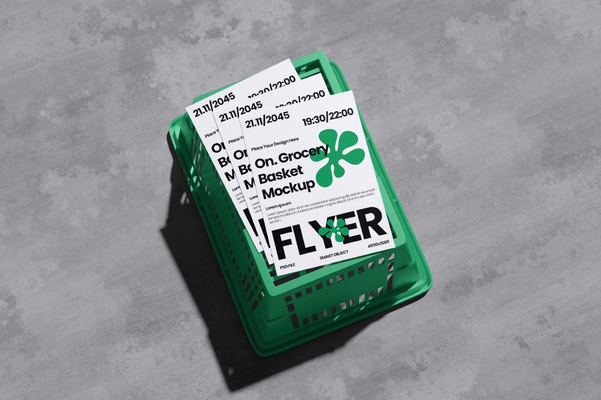 超市购物篮宣传单样机 Flyer on Grocery Basket Mockup插图3 超市购物篮宣传单样机 Flyer on Grocery Basket Mockup