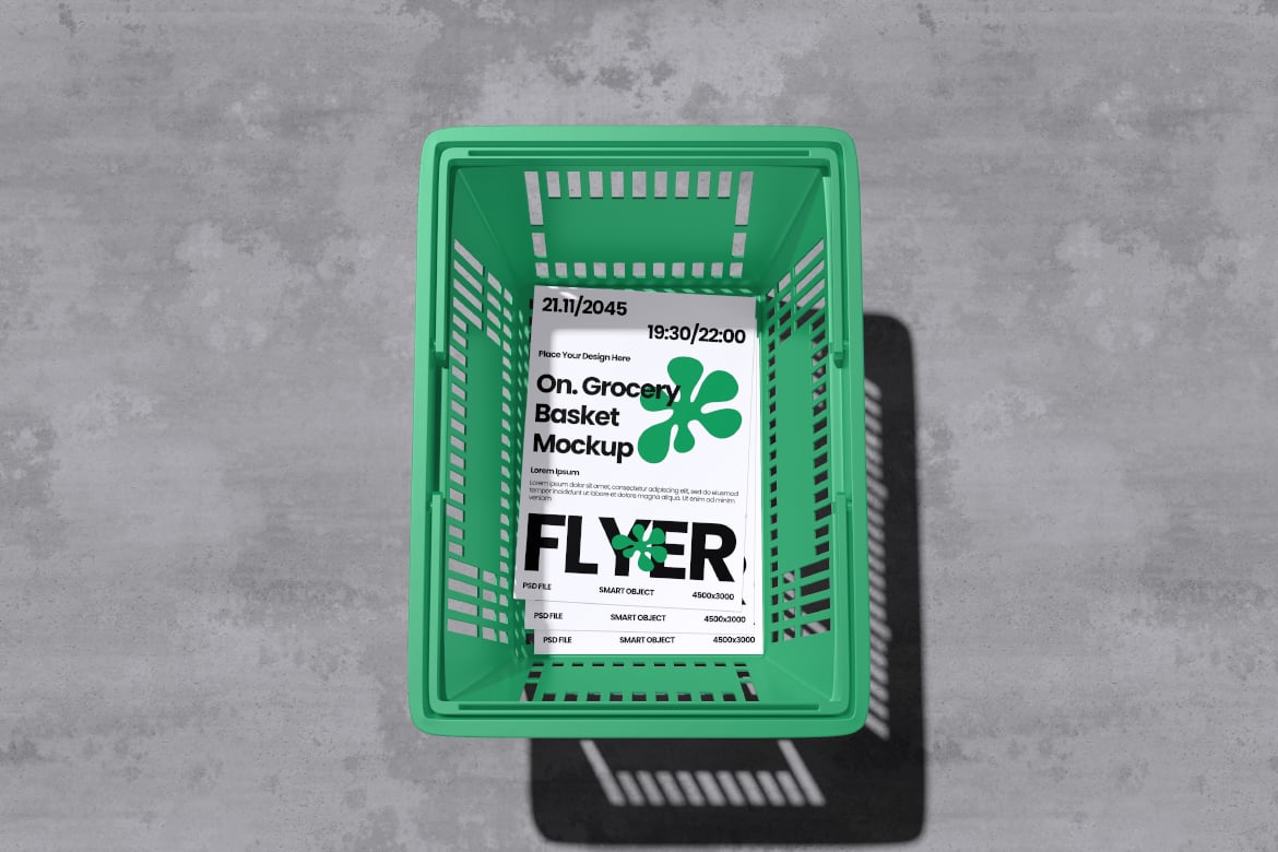超市购物篮宣传单样机 Flyer on Grocery Basket Mockup插图2 超市购物篮宣传单样机 Flyer on Grocery Basket Mockup