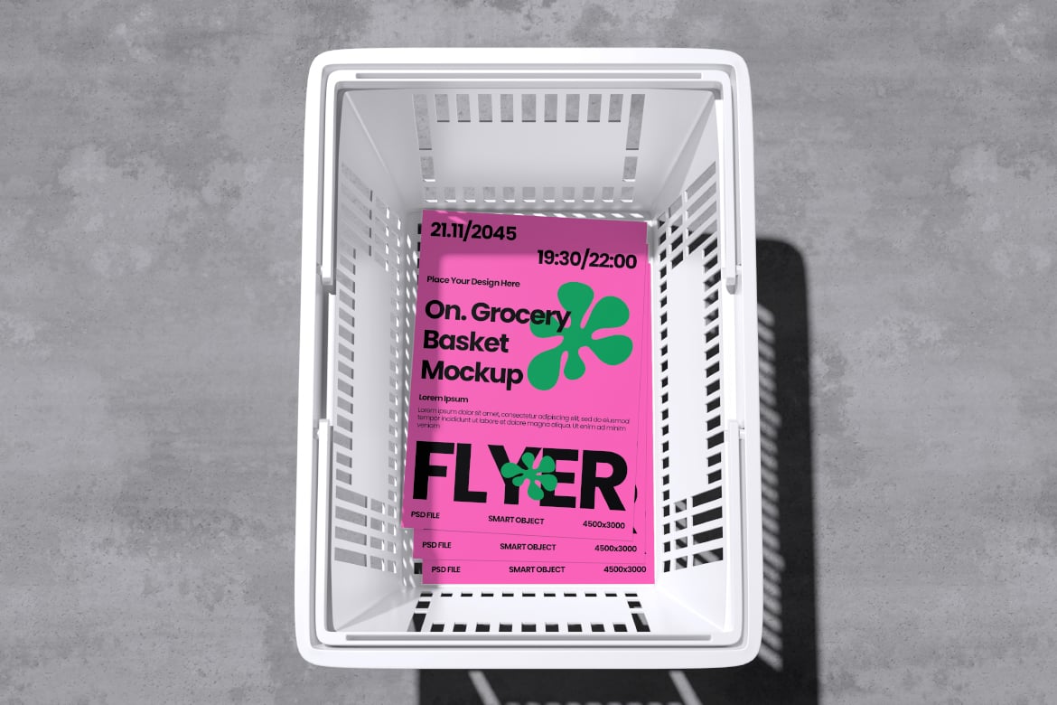 超市购物篮宣传单样机 Flyer on Grocery Basket Mockup插图4 超市购物篮宣传单样机 Flyer on Grocery Basket Mockup