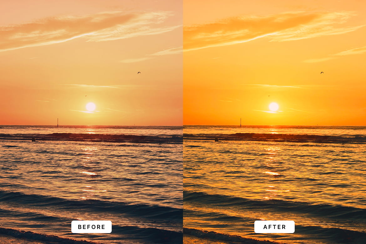 日落风景照片后期调色 Lightroom 预设和 Photoshop 动作 Sunset Lightroom Presets and Actions插图2 日落风景照片后期调色 Lightroom 预设和 Photoshop 动作 Sunset Lightroom Presets and Actions