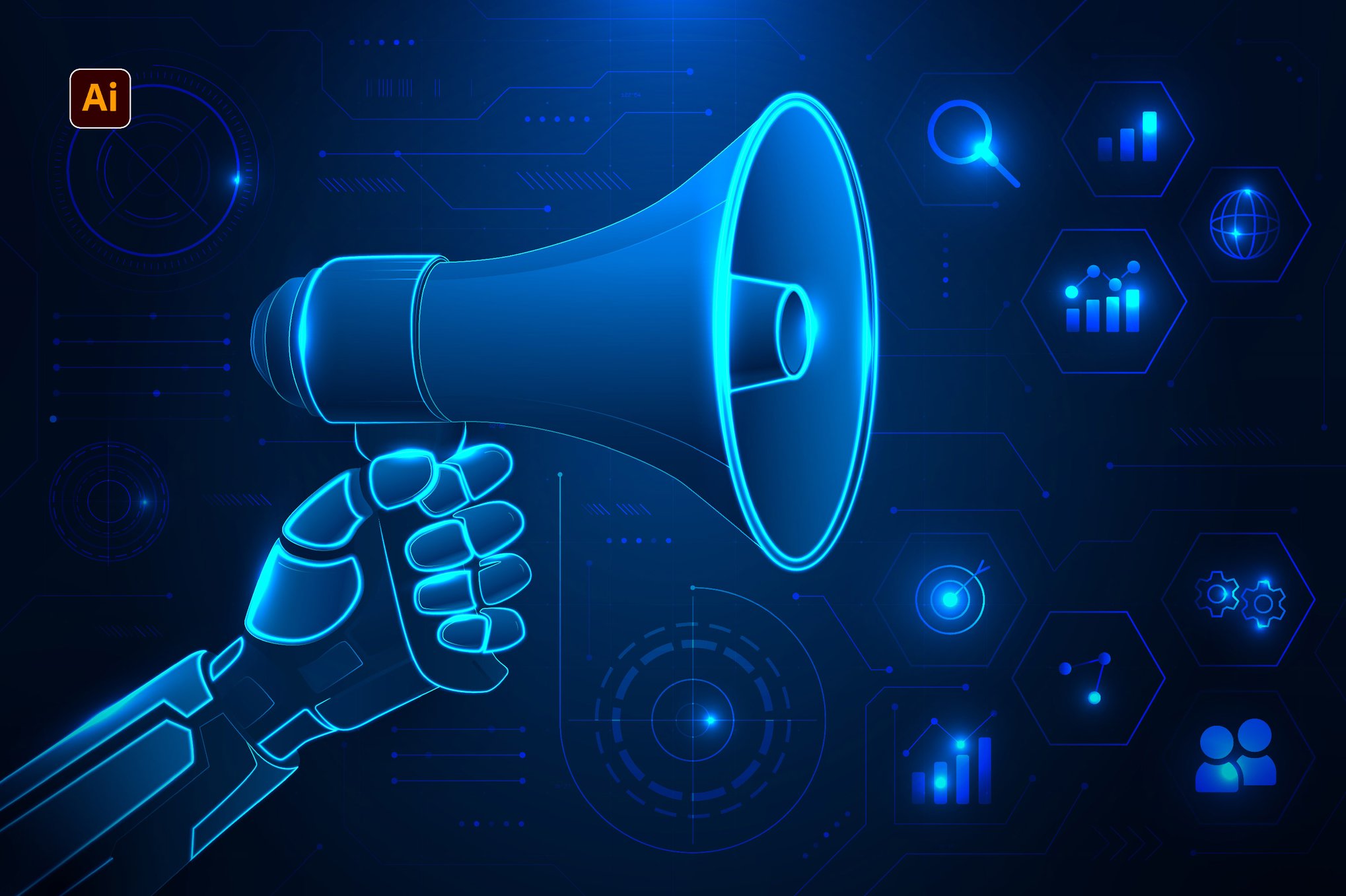 蓝色未来扩音器营销背景 Blue Futuristic Megaphone Marketing Background插图 蓝色未来扩音器营销背景 Blue Futuristic Megaphone Marketing Background