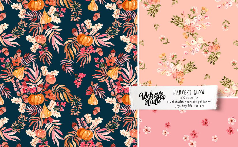 秋收暖光水彩纹理图案素材 Harvest Glow Watercolor Patterns