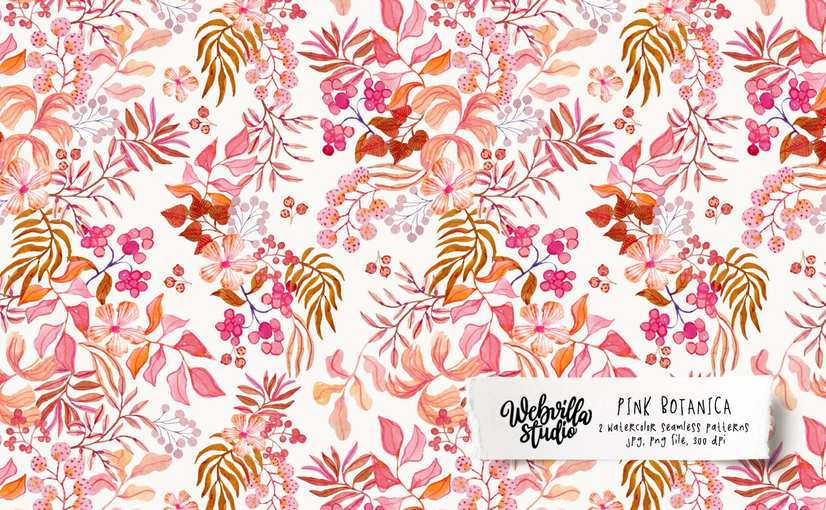 粉色植物水彩纹理图案素材 Pink Botanica Watercolor Patterns