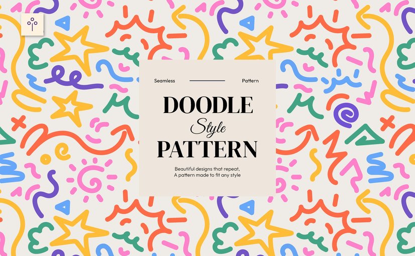 多彩线条涂鸦无缝图案素材 Cream Colorful Line Doodle Style Seamless Pattern