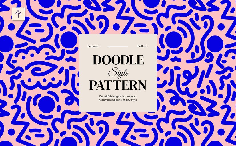粉蓝线条涂鸦风格无缝图案素材 Pink Blue Line Doodle Style Seamless Pattern