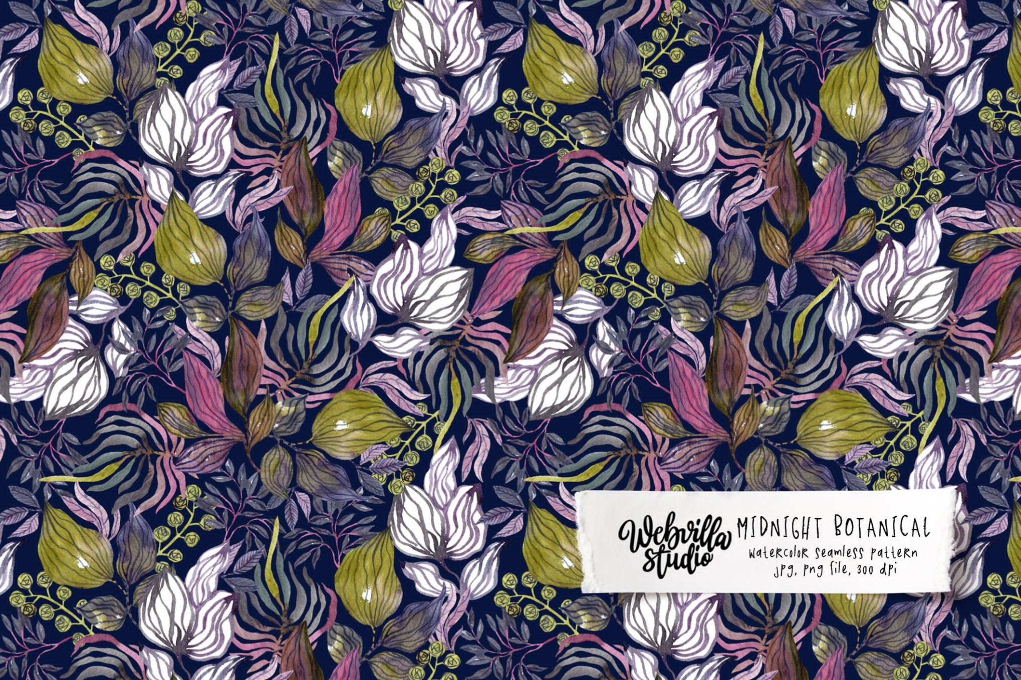 午夜植物暗调水彩图案素材 Midnight Botanical Pattern插图 午夜植物暗调水彩图案素材 Midnight Botanical Pattern