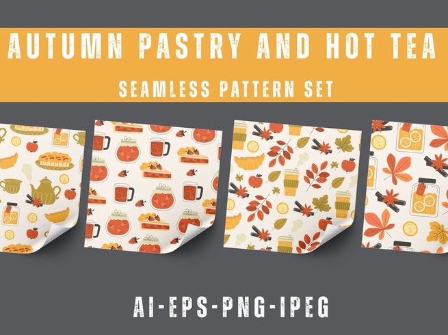 秋叶茶点糕点无缝背景图案素材 Seamless Patterns Autumn Leaves Tea Pastry