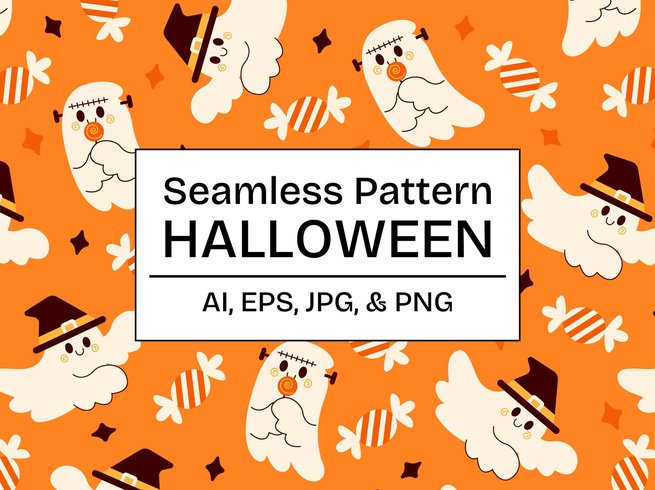 橙色卡通幽灵万圣节图案素材 Orange Cartoon Ghost Halloween Pattern