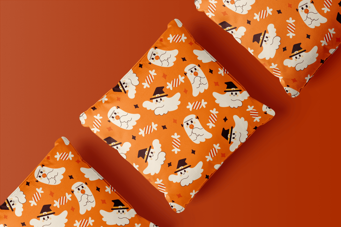 橙色卡通幽灵万圣节图案素材 Orange Cartoon Ghost Halloween Pattern插图2