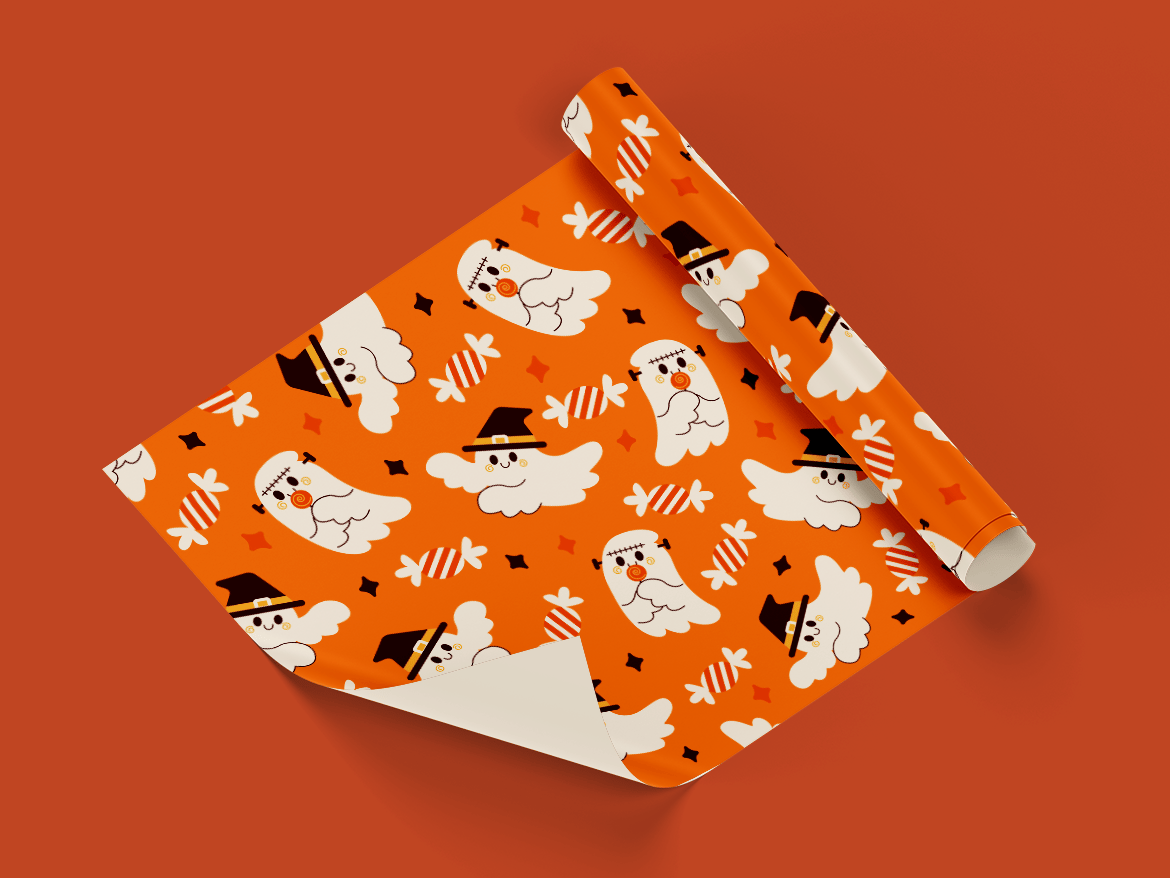 橙色卡通幽灵万圣节图案素材 Orange Cartoon Ghost Halloween Pattern插图1