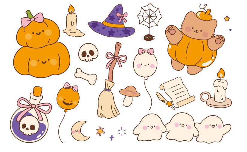 可爱万圣节主题套装插图 Cute Halloween Set Illustration