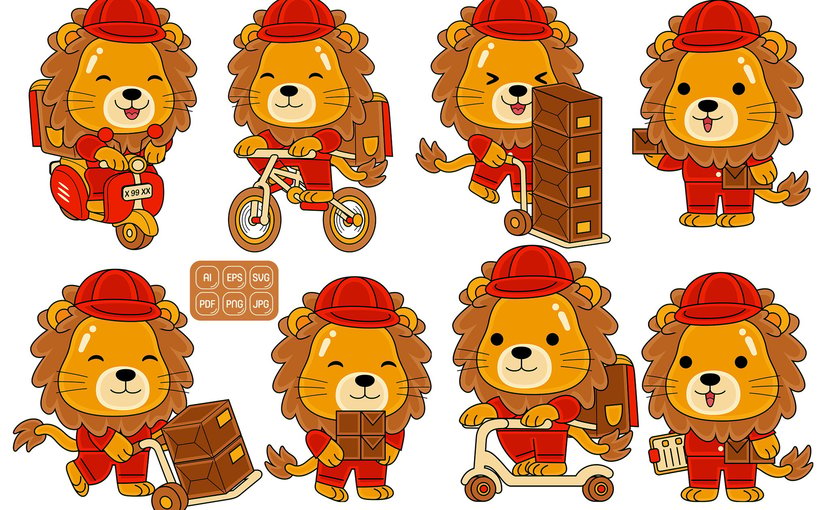 可爱狮子配送员角色插图 Cute Lion Delivery Worker