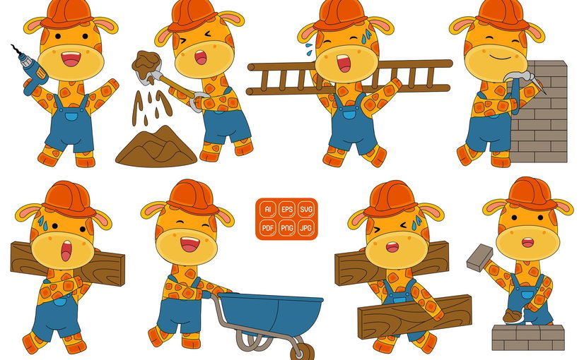 可爱长颈鹿建筑工人角色插图 Cute Giraffe Construction Worker