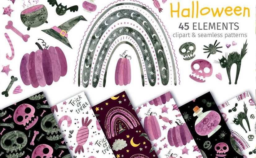 紫色万圣节剪贴图案素材集 Violet Halloween Clipart & Patterns