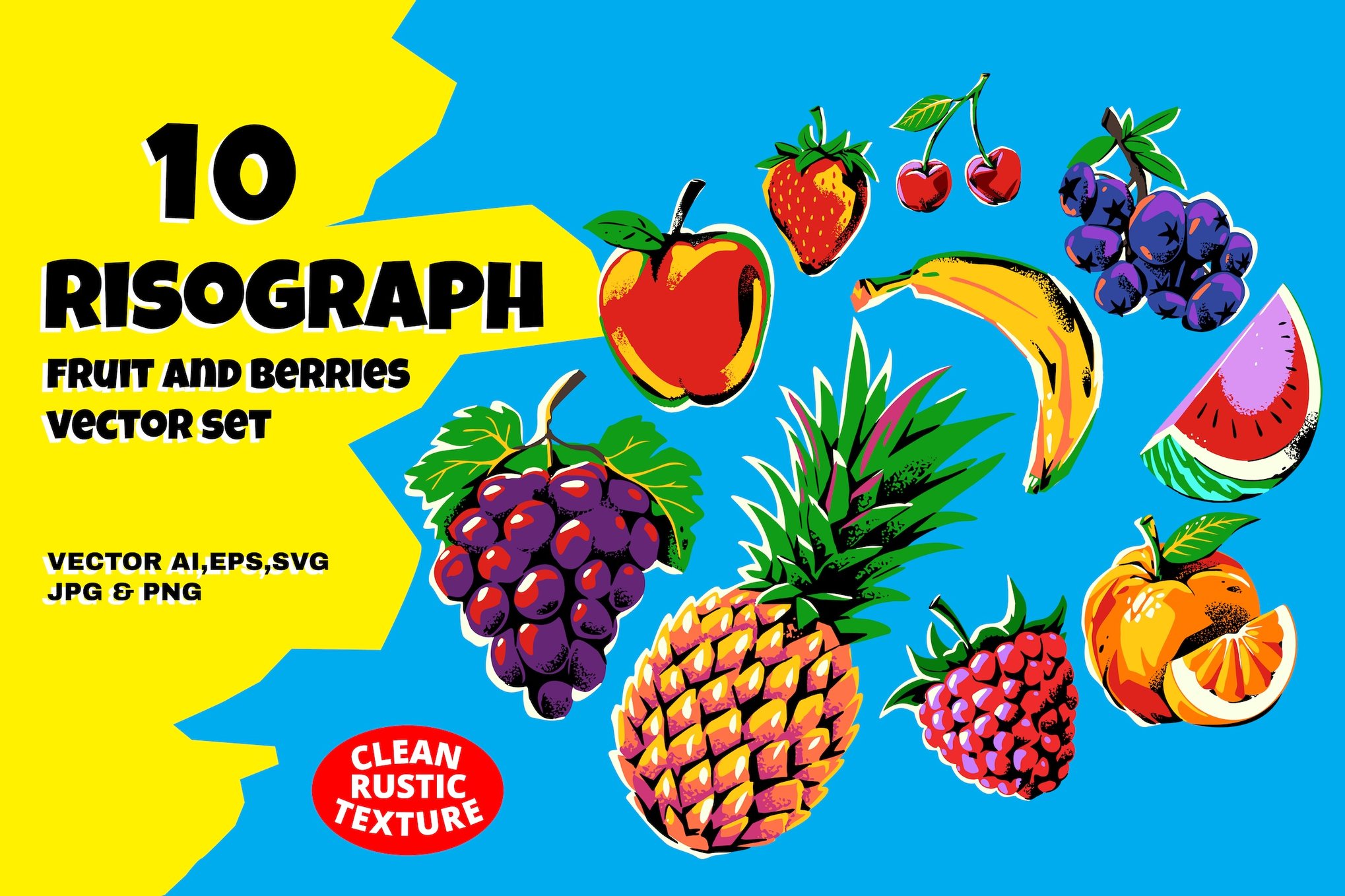孔版印刷水果浆果矢量图集 Risograph Fruit And Berries Vector Set插图 孔版印刷水果浆果矢量图集 Risograph Fruit And Berries Vector Set
