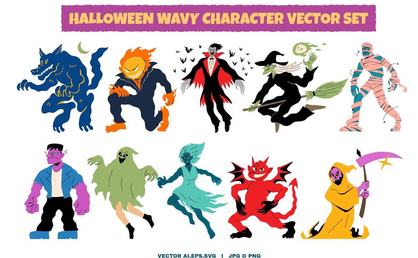 万圣节波浪卡通角色矢量集 Halloween Wavy Characters Vector Set