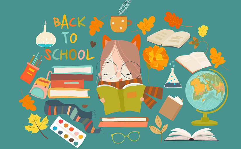 可爱女孩与学习用品卡通套装素材 Cartoon Set With Cute Girl And School Supplies