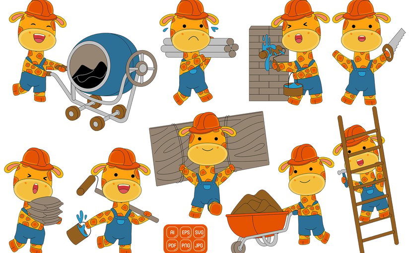 可爱长颈鹿建筑工人角色插图(第二版) Cute Giraffe Construction Worker 02