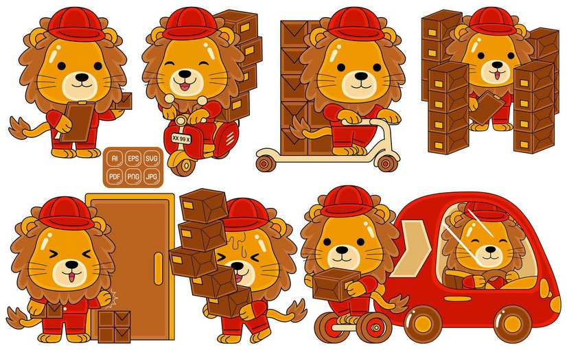 可爱狮子配送员角色插图(第二版) Cute Lion Delivery Worker 02