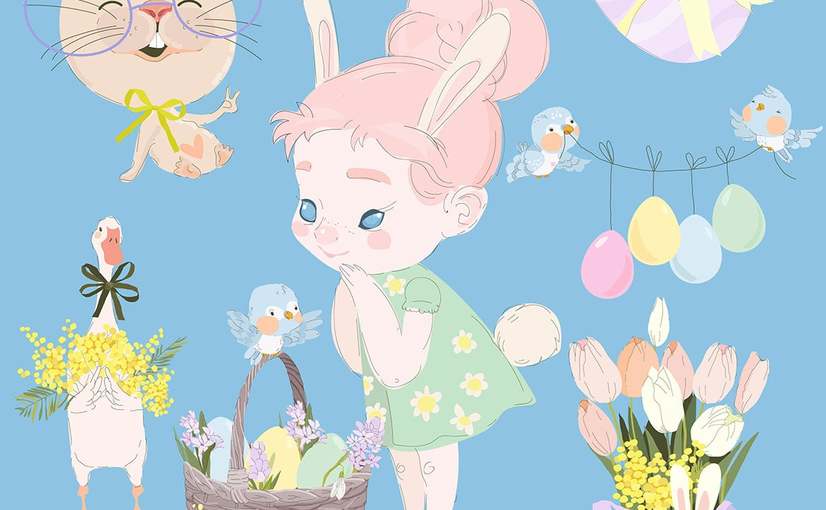 女孩与兔子温馨复活节套装素材 Happy Easter Set With Cute Girl Bunny And Easter