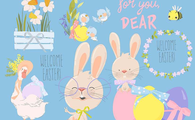 可爱兔子与花朵复活节套装素材 Happy Easter Set With Cute Bunny And Flowers