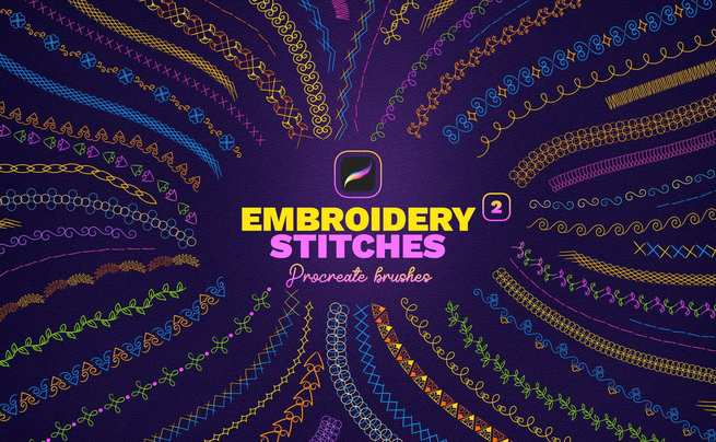 刺绣针脚效果Procreate笔刷第二版 Embroidery Stitches Procreate Brushes 2