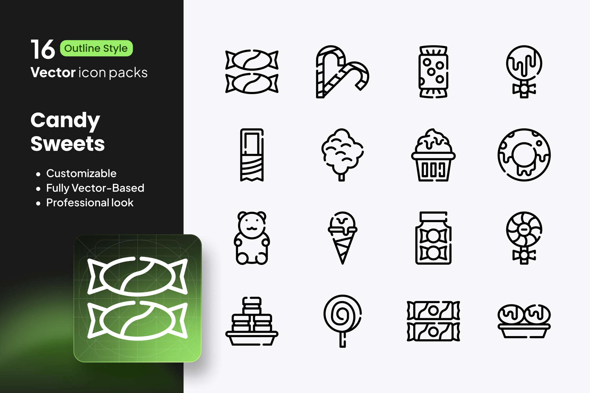 16款糖果甜点矢量轮廓图标 Candy Sweets Icons 16 Vector Outline