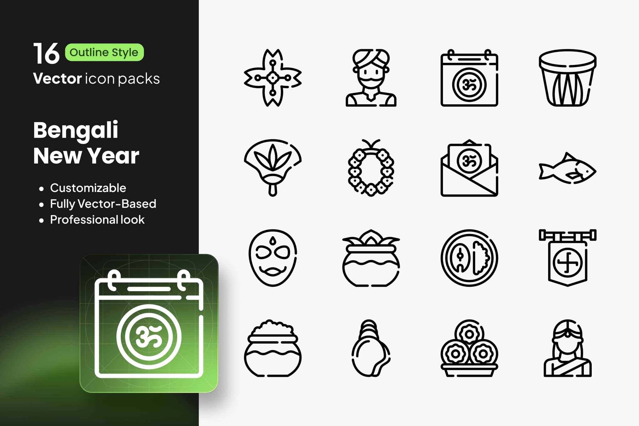 16款孟加拉新年主题矢量图标 Bengali New Year Icons 16 Vector Outline