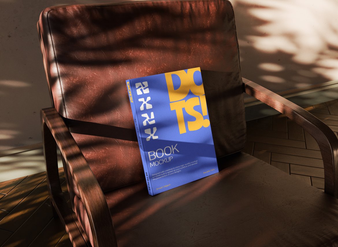 椅子上的书籍封面展示样机 Hardcover Book Mockup